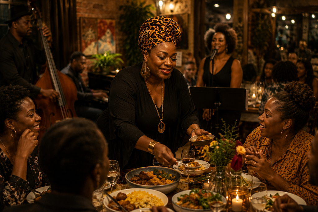Photorealistic image of Grace welcoming guests at Nadine’s Kitchen, serving soulful food in a warm community dining space with live music, shared conversations, and a welcoming atmosphere that celebrates culture, creativity, and connection.