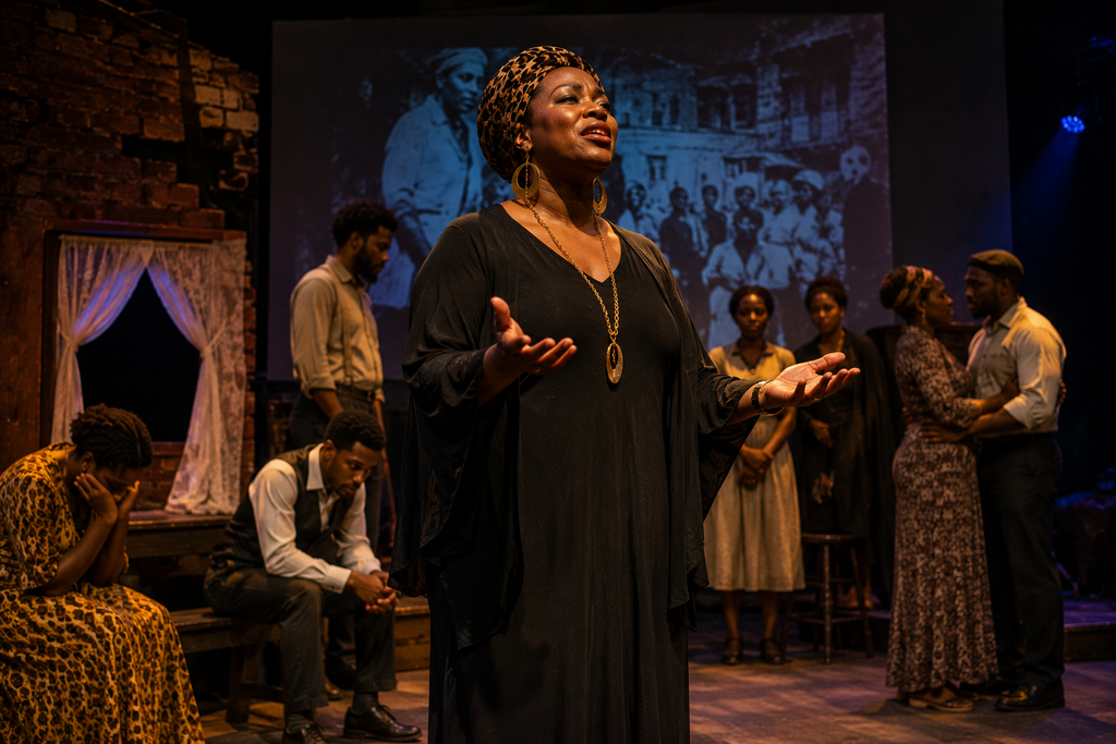 Photorealistic image of Miss Grace Love leading a powerful theatrical performance with an ensemble cast on stage, using storytelling to explore culture, identity, resilience, and shared human experiences while engaging the audience through reflection and connection.