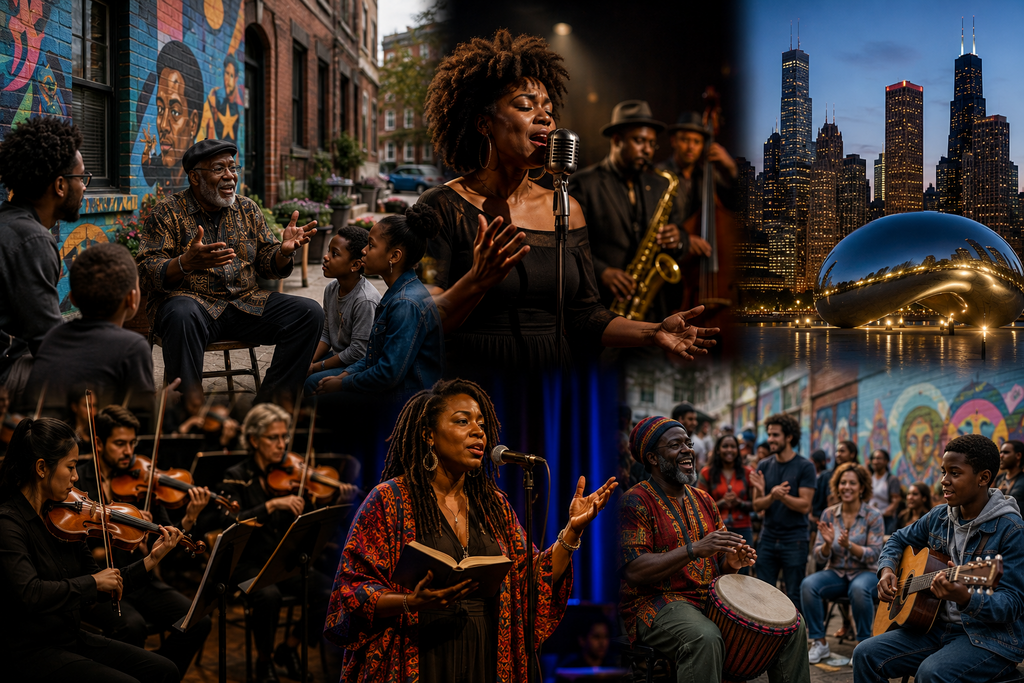 Photorealistic collage celebrating Chicago’s creative spirit through live music, storytelling, community performances, cultural traditions, neighborhood gatherings, and iconic city landmarks, illustrating how artistic expression preserves history, inspires future generations, and strengthens connections across diverse communities.