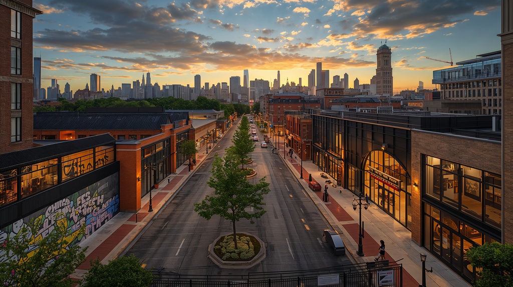 Chicago community arts district featuring creative spaces, theaters, galleries, murals, and public art.