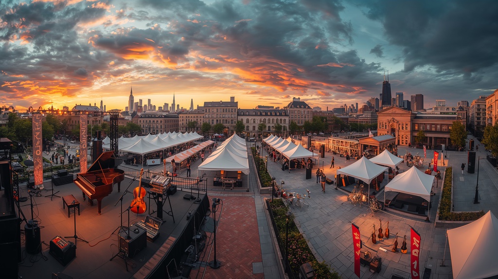 Chicago music festival with multiple outdoor stages and musical instruments at sunset.