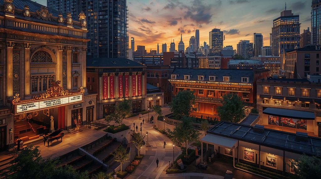 Photorealistic Chicago theaters, performance venues, and cultural landmarks celebrating diverse live entertainment.