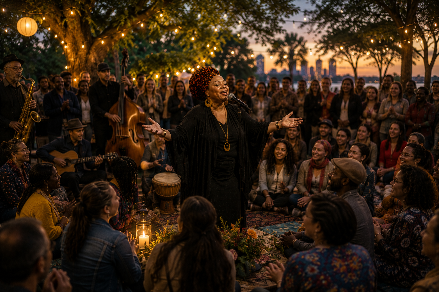 Photorealistic image of Miss Grace Love performing at an outdoor community concert, bringing people together through soulful music, shared celebration, meaningful conversations, and lasting connections in a welcoming cultural gathering.