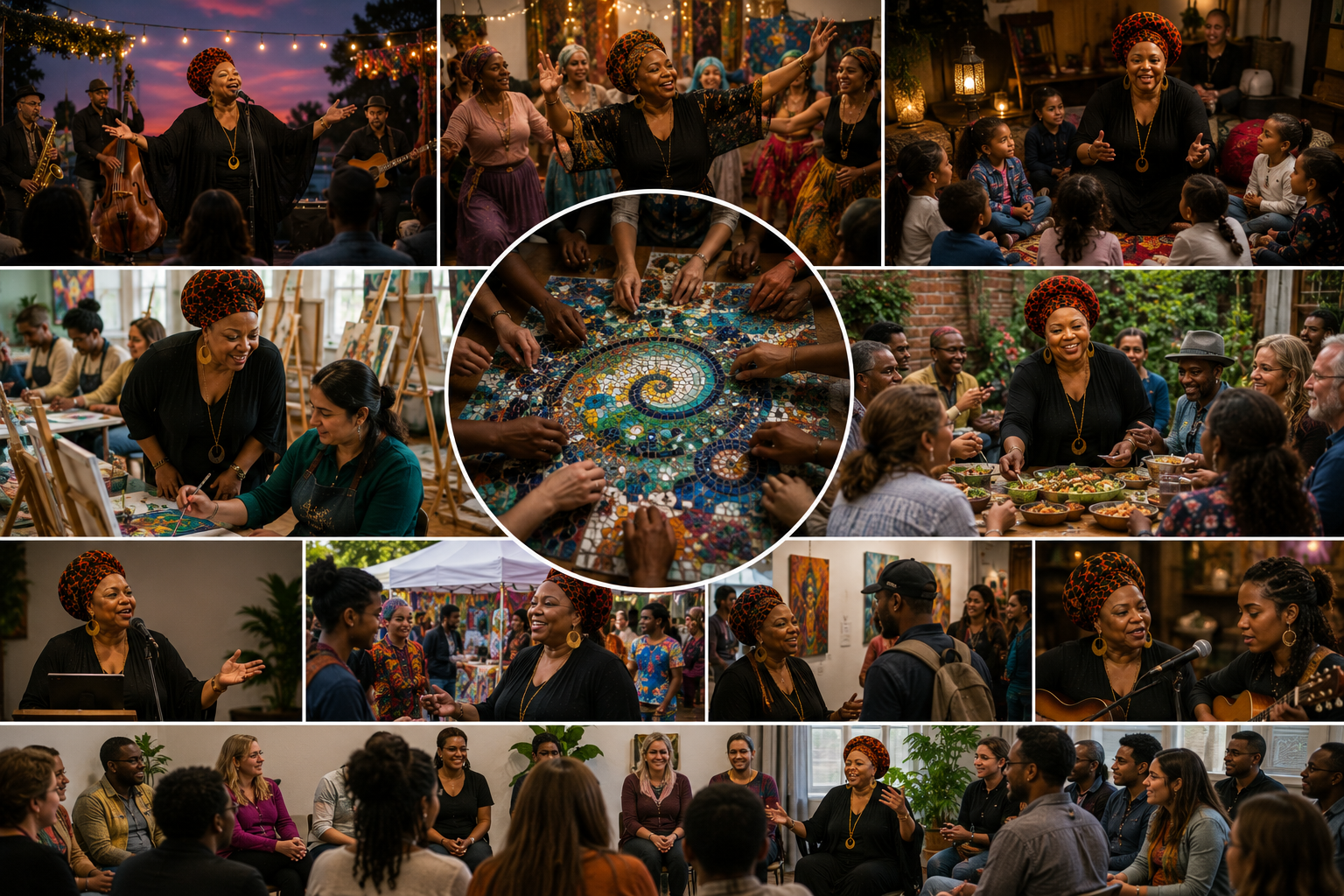Photorealistic collage showcasing Miss Grace Love’s community impact through live performances, cultural celebrations, storytelling, arts education, creative collaborations, community meals, public speaking, festivals, mentorship of local artists, and inclusive programs that bring people together through creativity, culture, and meaningful human connection.