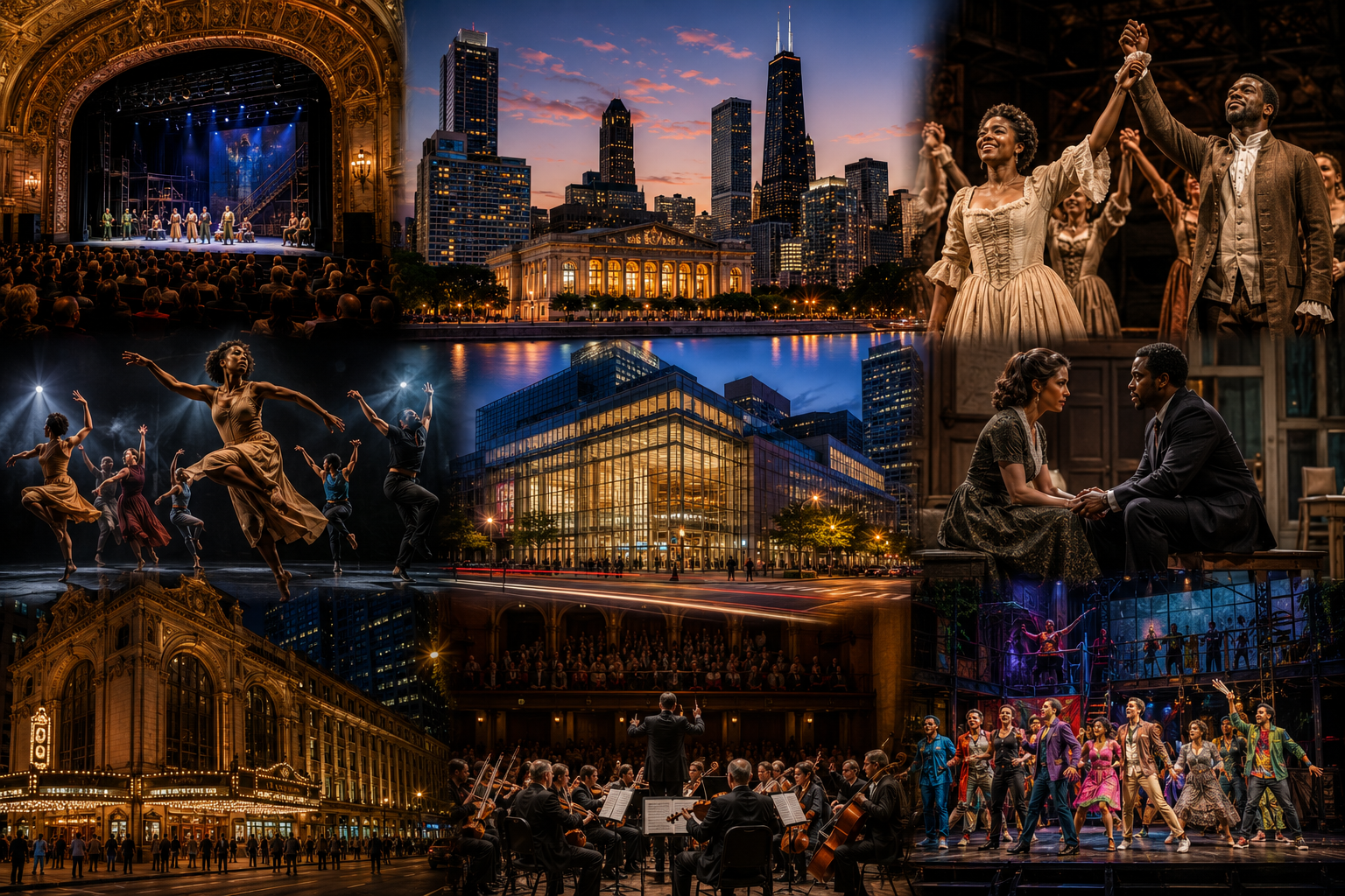 Photorealistic collage showcasing Chicago’s renowned performing arts scene, featuring historic theaters, dramatic stage productions, live dance performances, orchestras, actors, and the iconic Chicago skyline, celebrating the city’s rich tradition of theater, storytelling, and world-class live entertainment.